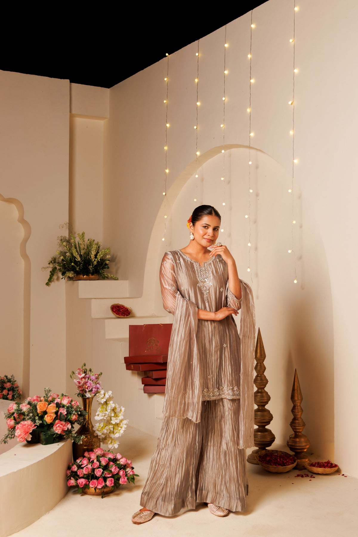 Grey Embroidered Crushed Tissue 3-Piece Kurta Set