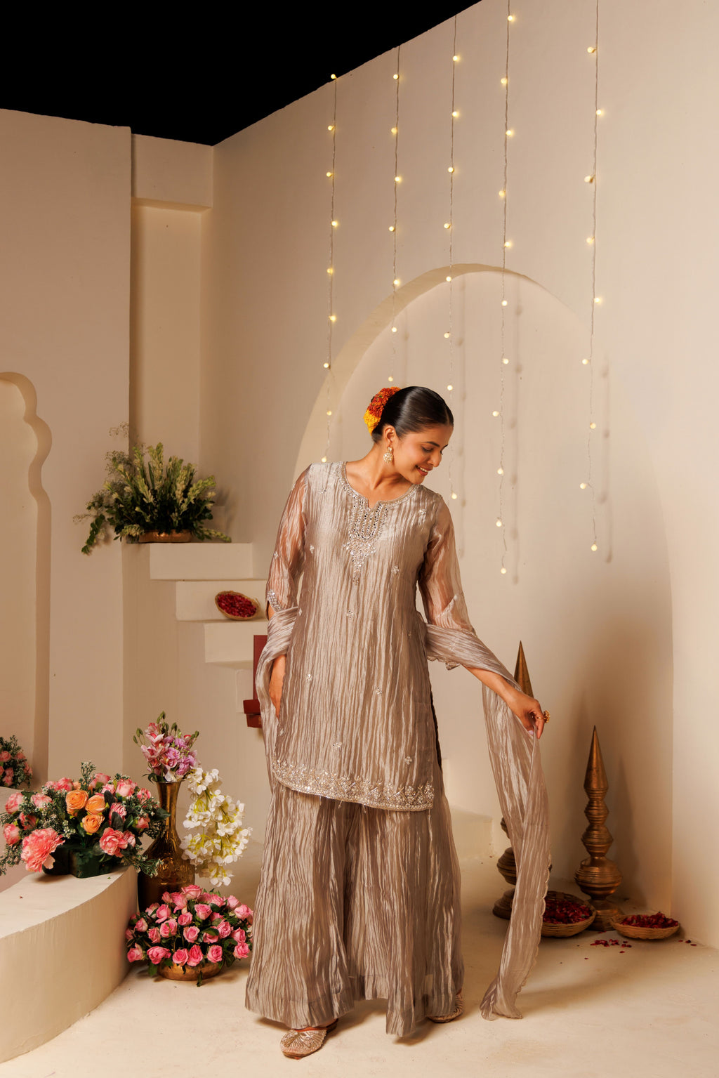 Grey Embroidered Crushed Tissue 3-Piece Kurta Set