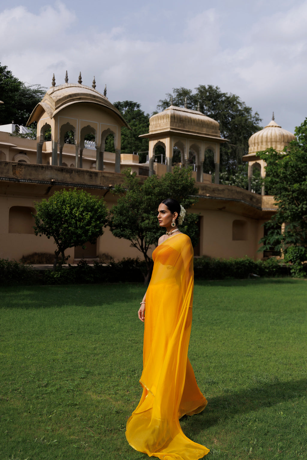 Yellow Hand-Dyed Chiffon Saree With Jacquard Blouse