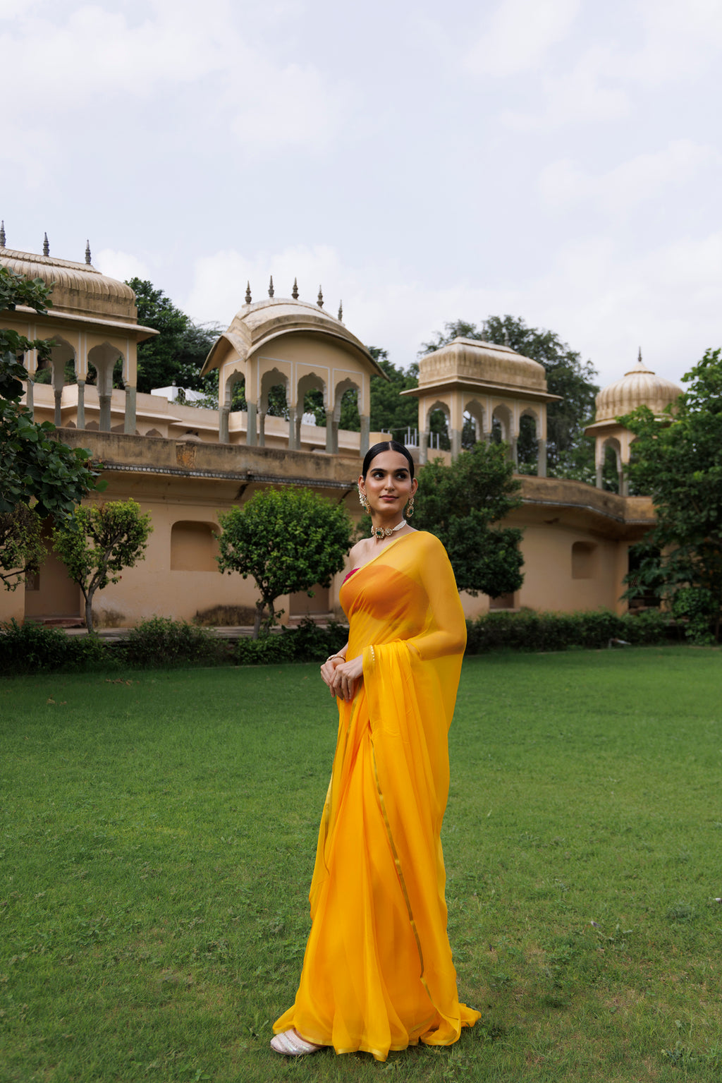 Yellow Hand-Dyed Chiffon Saree With Jacquard Blouse