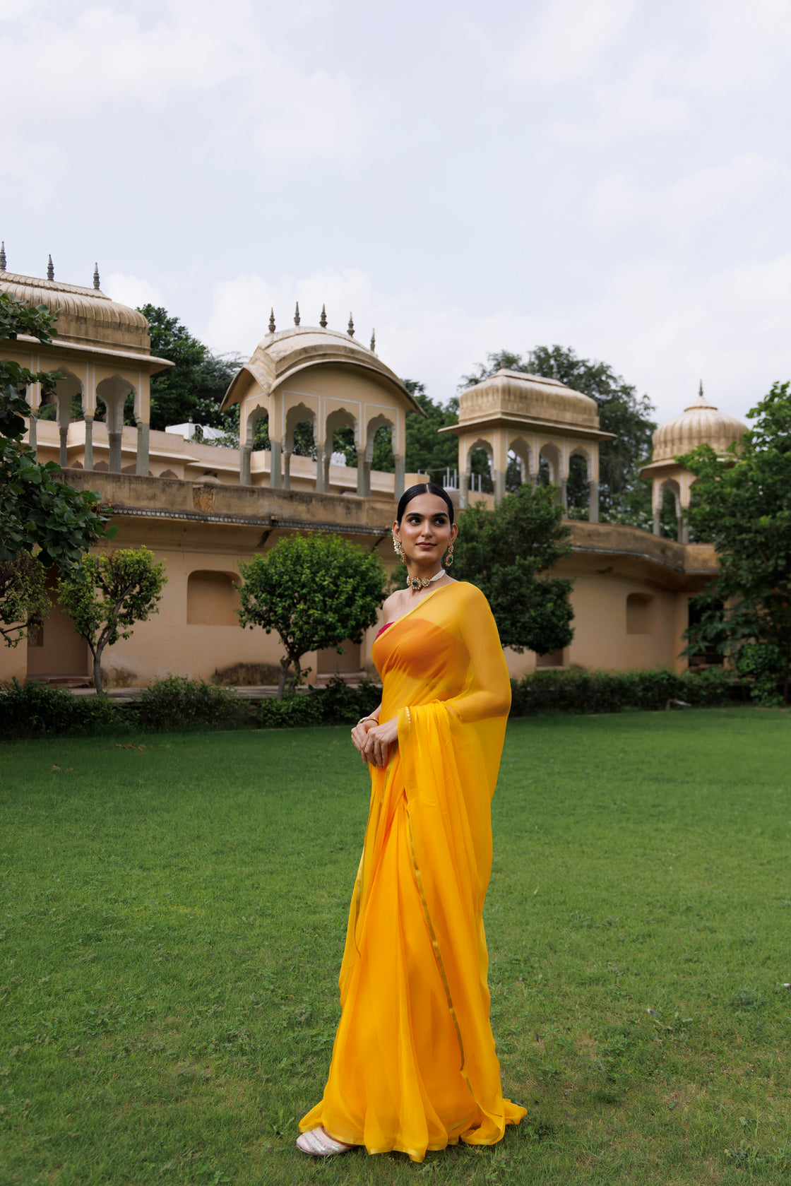 Yellow Hand-Dyed Chiffon Saree With Jacquard Blouse