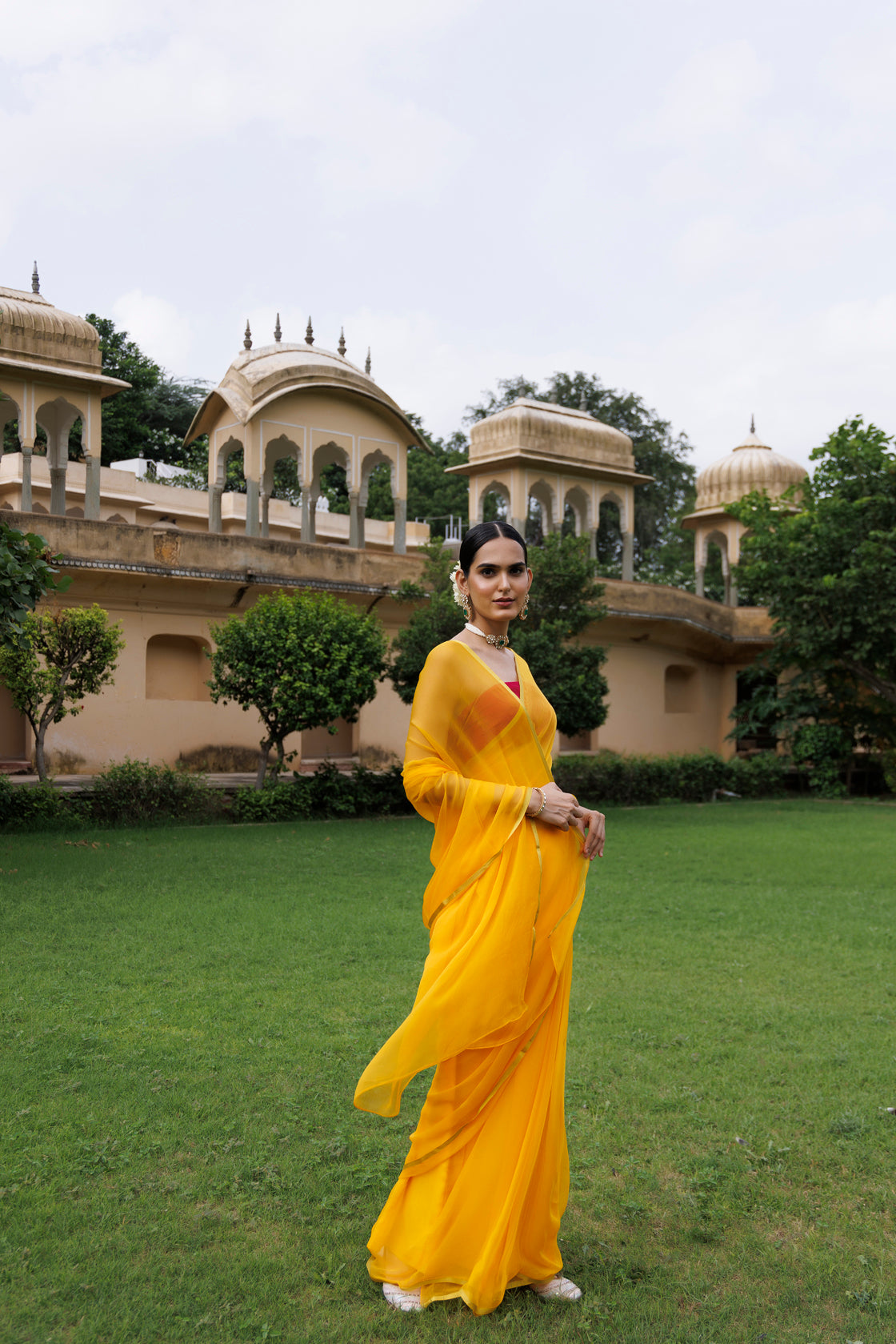 Yellow Hand-Dyed Chiffon Saree With Jacquard Blouse