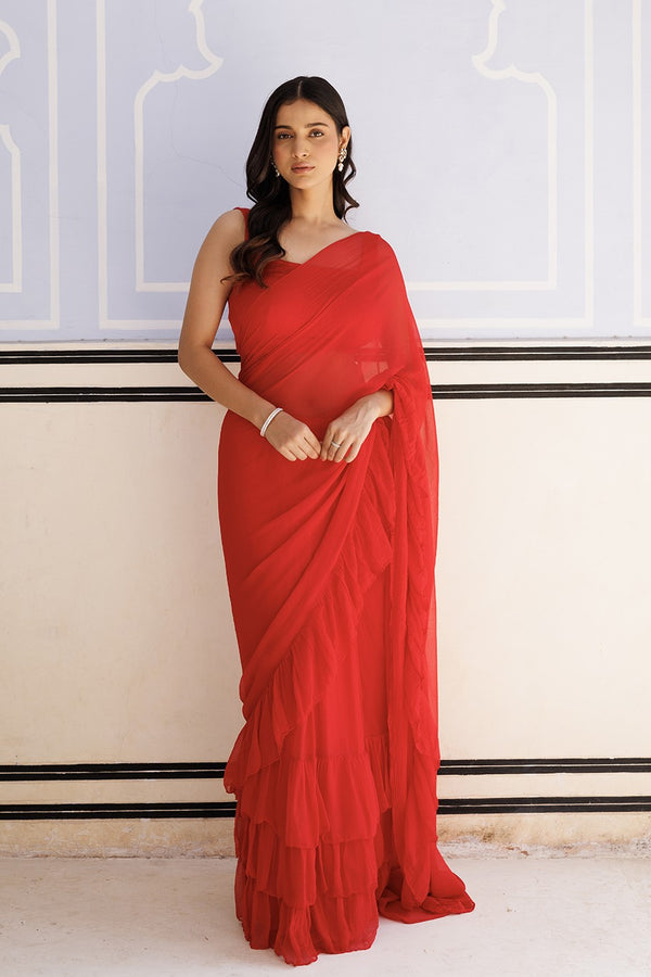 Red Chiffon Ruffle Saree