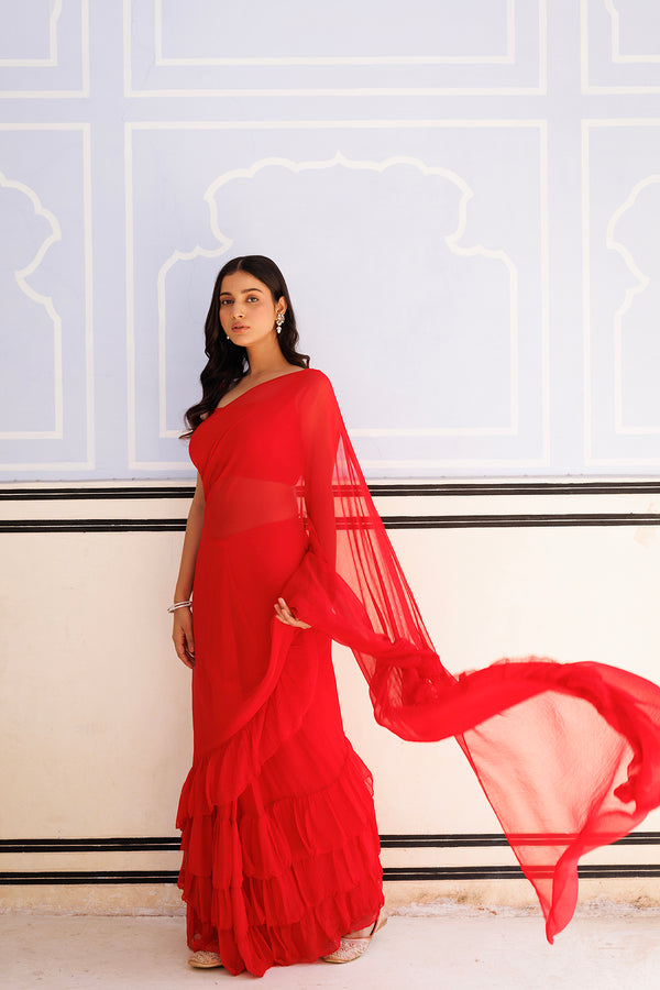 Red Chiffon Ruffle Saree