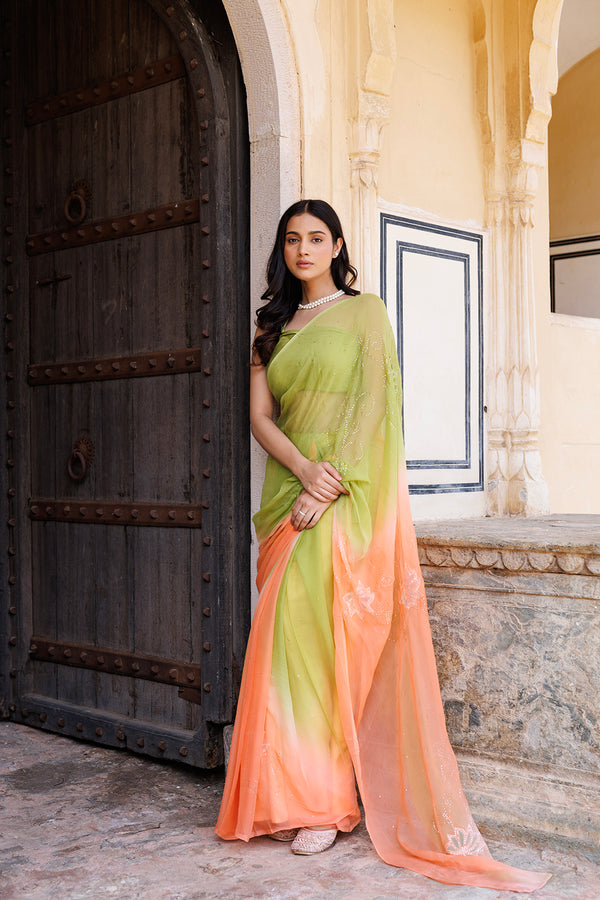 Green & Peach Shaded Net Patch Work Chiffon Mukaish Saree