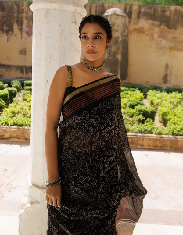 Red-Black Pure Kota Silk Hand Block Printed Saree
