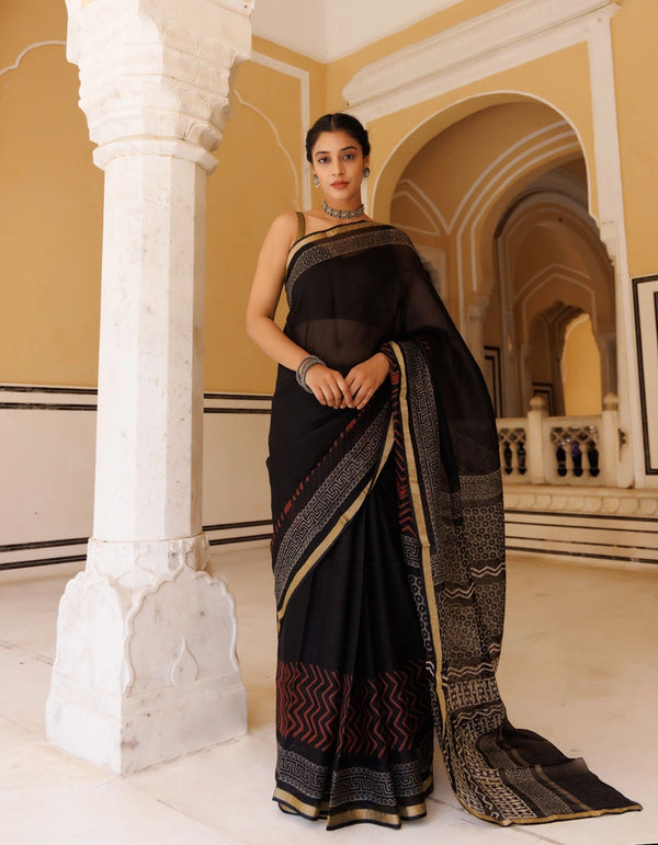 Black-Red Pure Kota Silk Hand Block Printed Saree