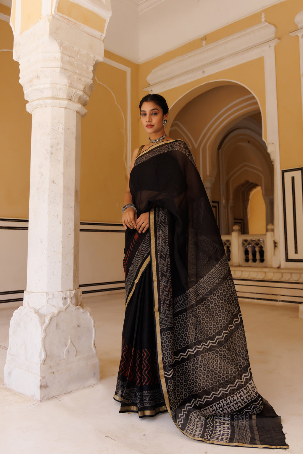 Black-Red Pure Kota Silk Hand Block Printed Saree