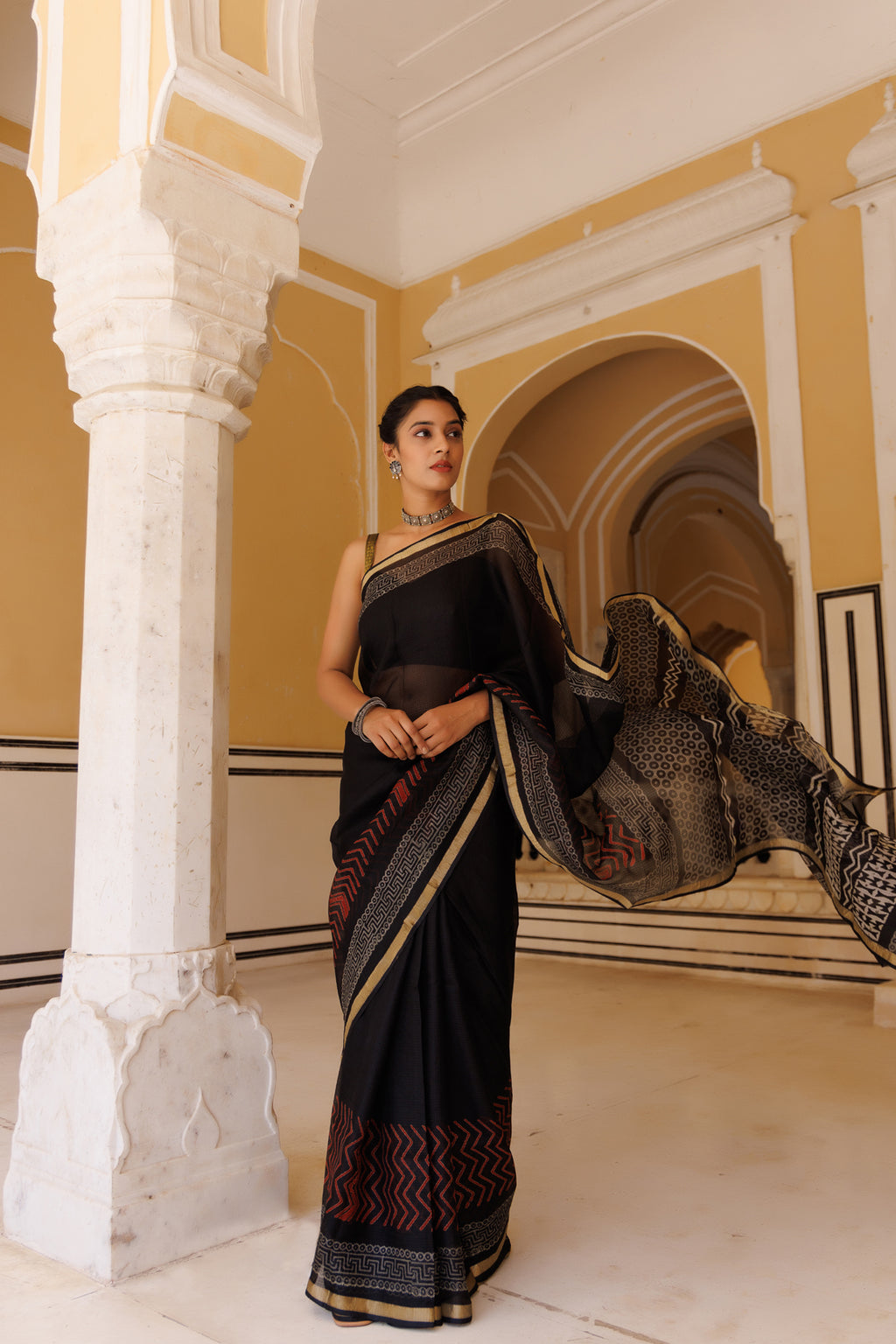 Black-Red Pure Kota Silk Hand Block Printed Saree