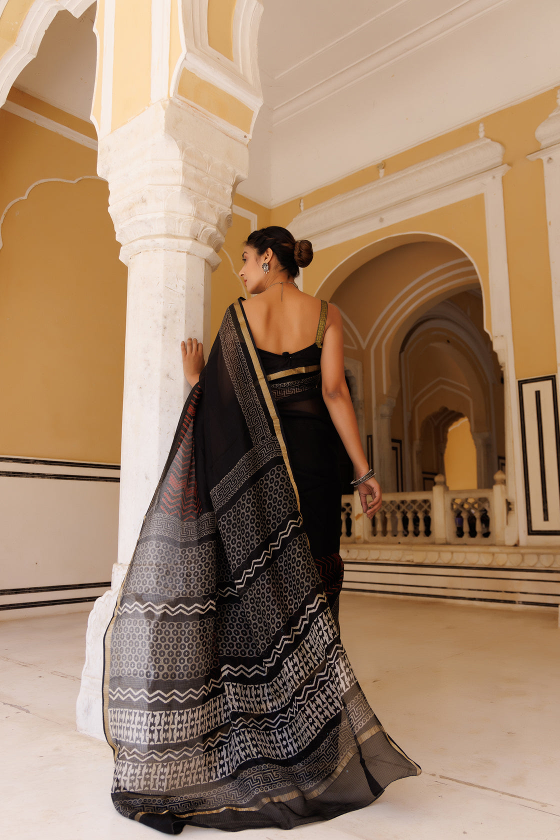 Black-Red Pure Kota Silk Hand Block Printed Saree