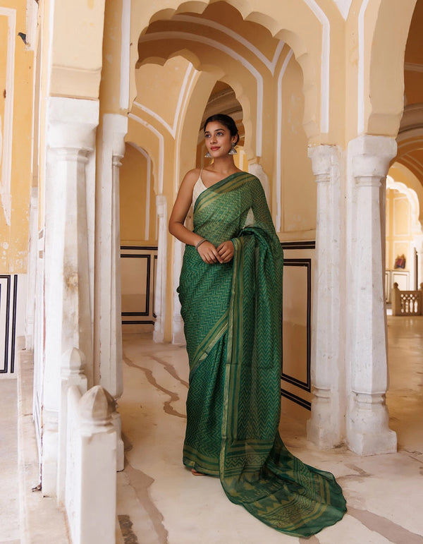 Green Pure Kota Silk Hand Block Printed Saree