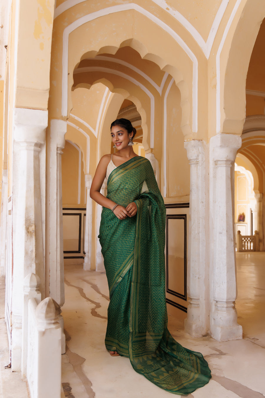 Green Pure Kota Silk Hand Block Printed Saree