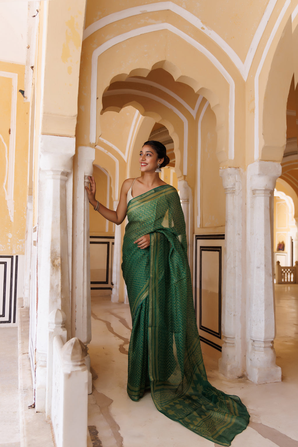 Green Pure Kota Silk Hand Block Printed Saree
