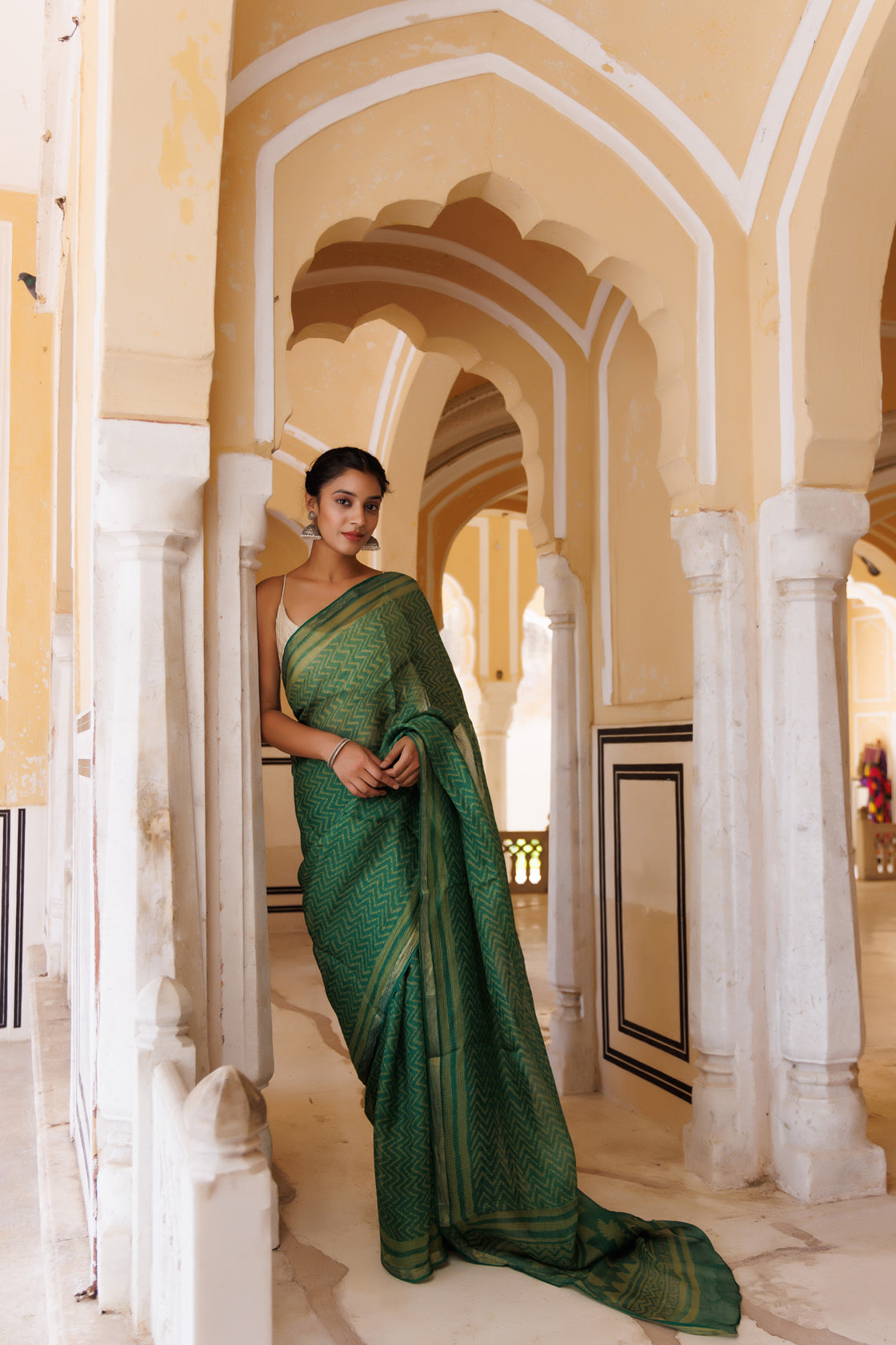 Green Pure Kota Silk Hand Block Printed Saree