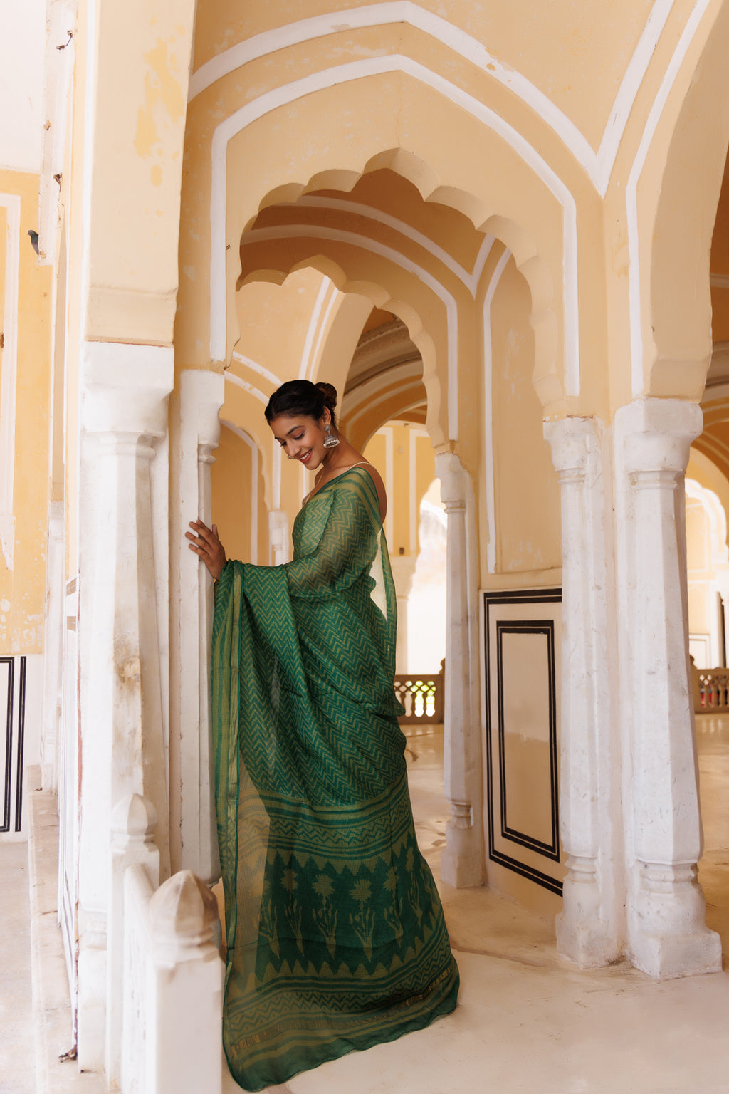 Green Pure Kota Silk Hand Block Printed Saree