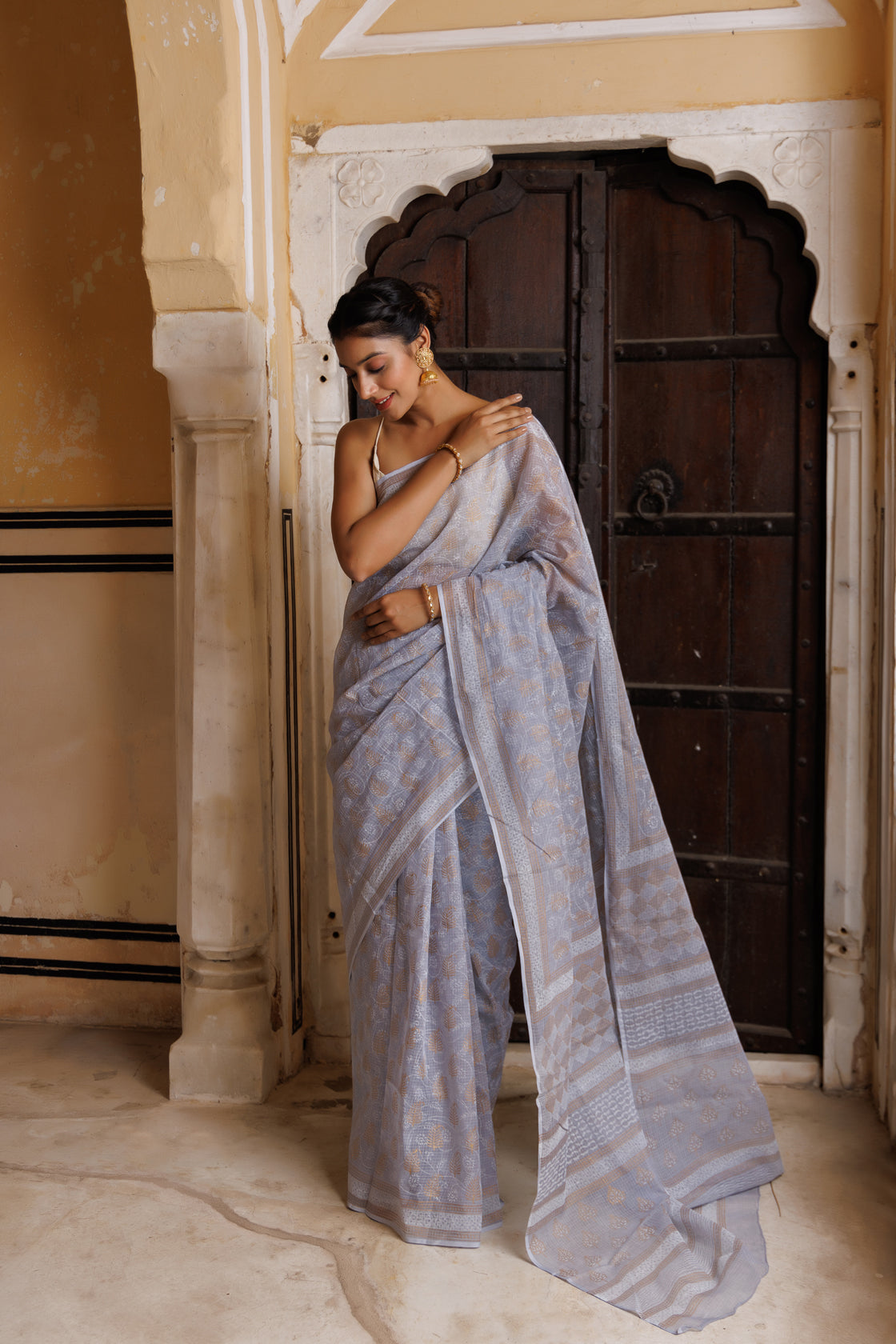 Grey Hand Block Printed Bagru Cotton Sustainable Saree