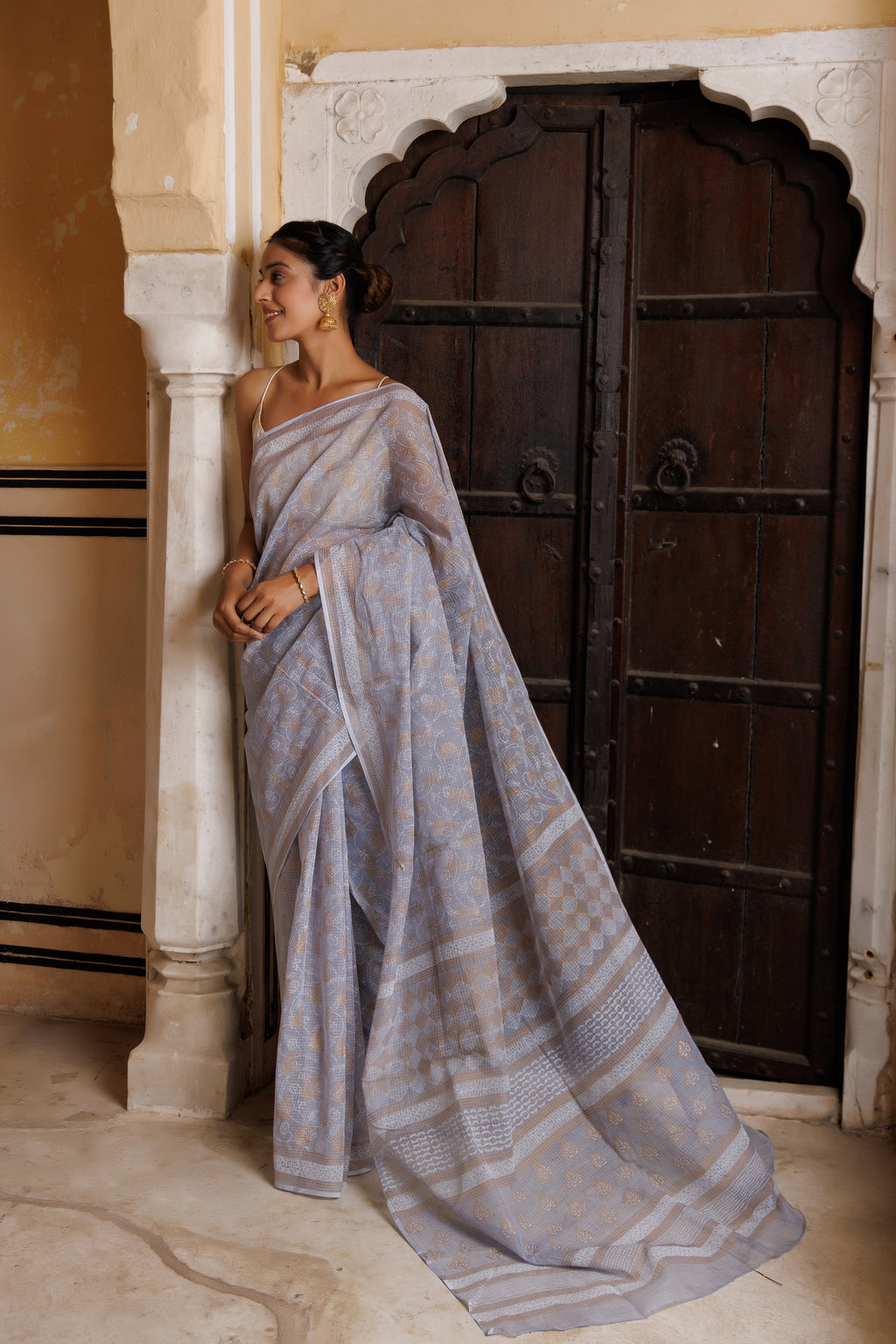 Grey Hand Block Printed Bagru Cotton Sustainable Saree