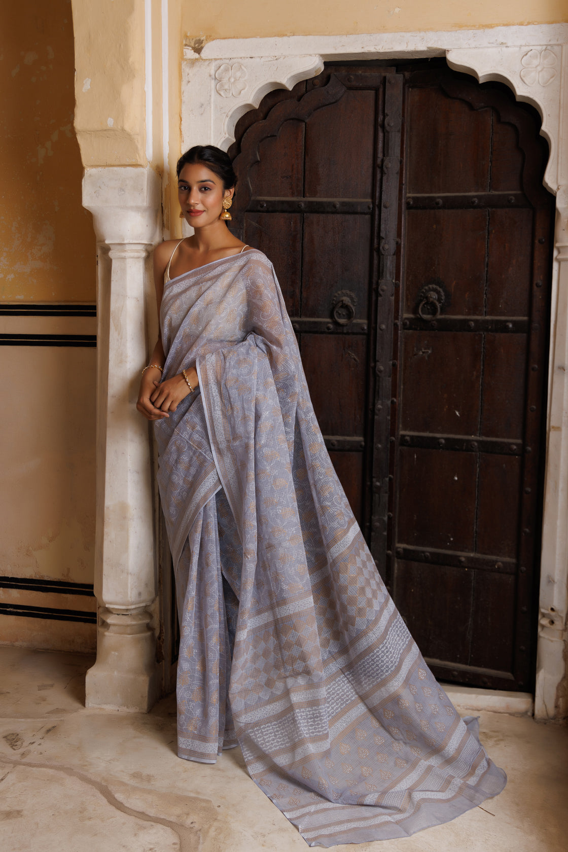 Grey Hand Block Printed Bagru Cotton Sustainable Saree