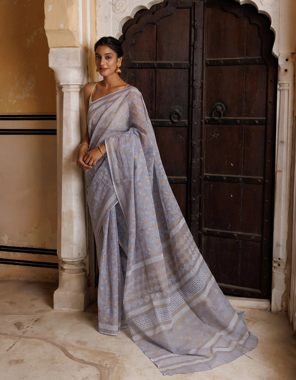 Grey Hand Block Printed Bagru Cotton Sustainable Saree