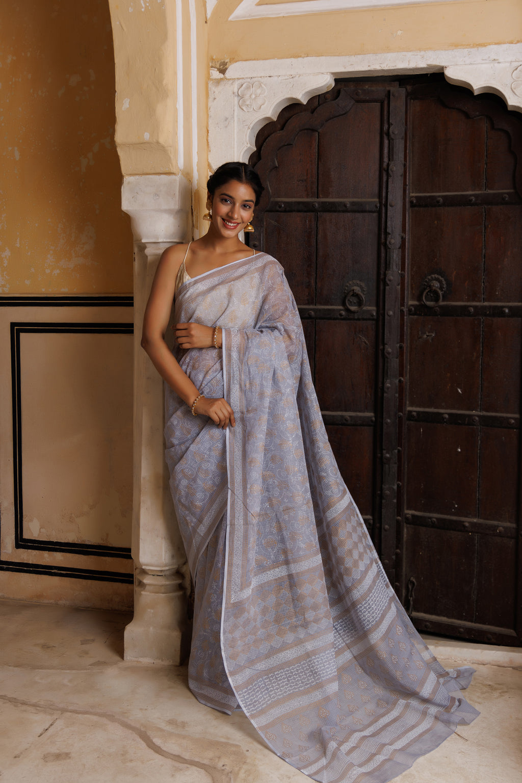 Grey Hand Block Printed Bagru Cotton Sustainable Saree