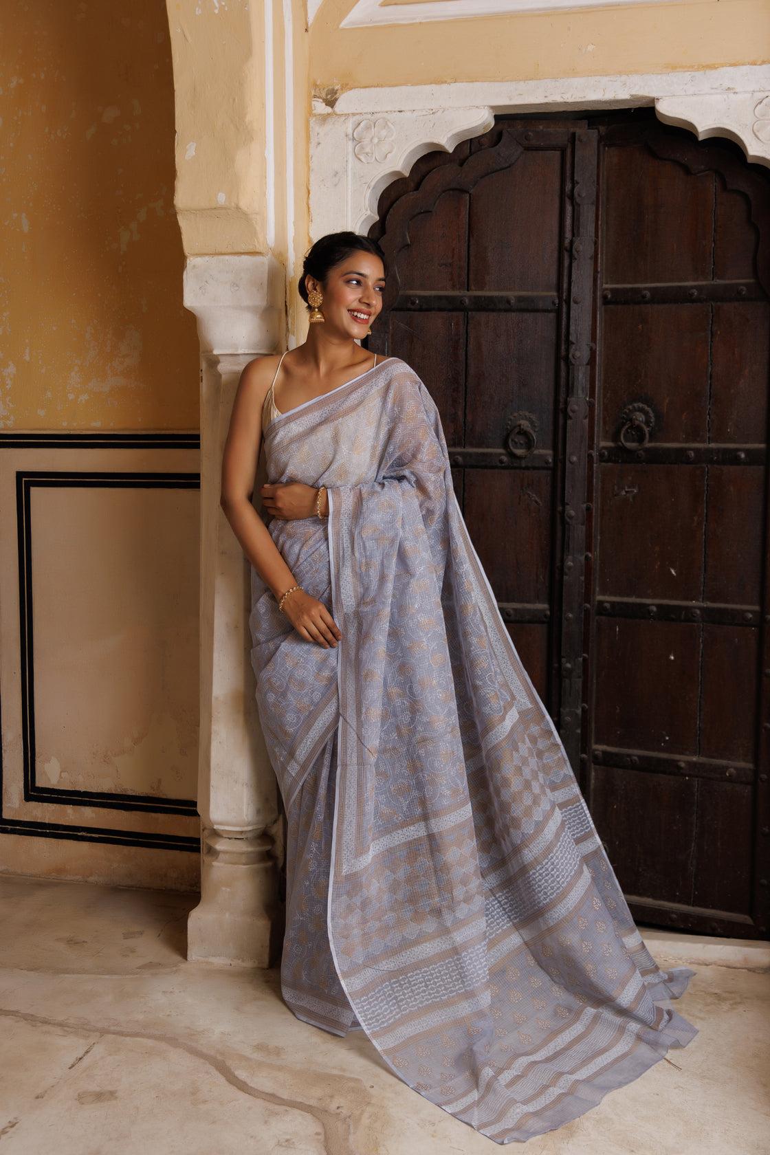 Grey Hand Block Printed Bagru Cotton Sustainable Saree
