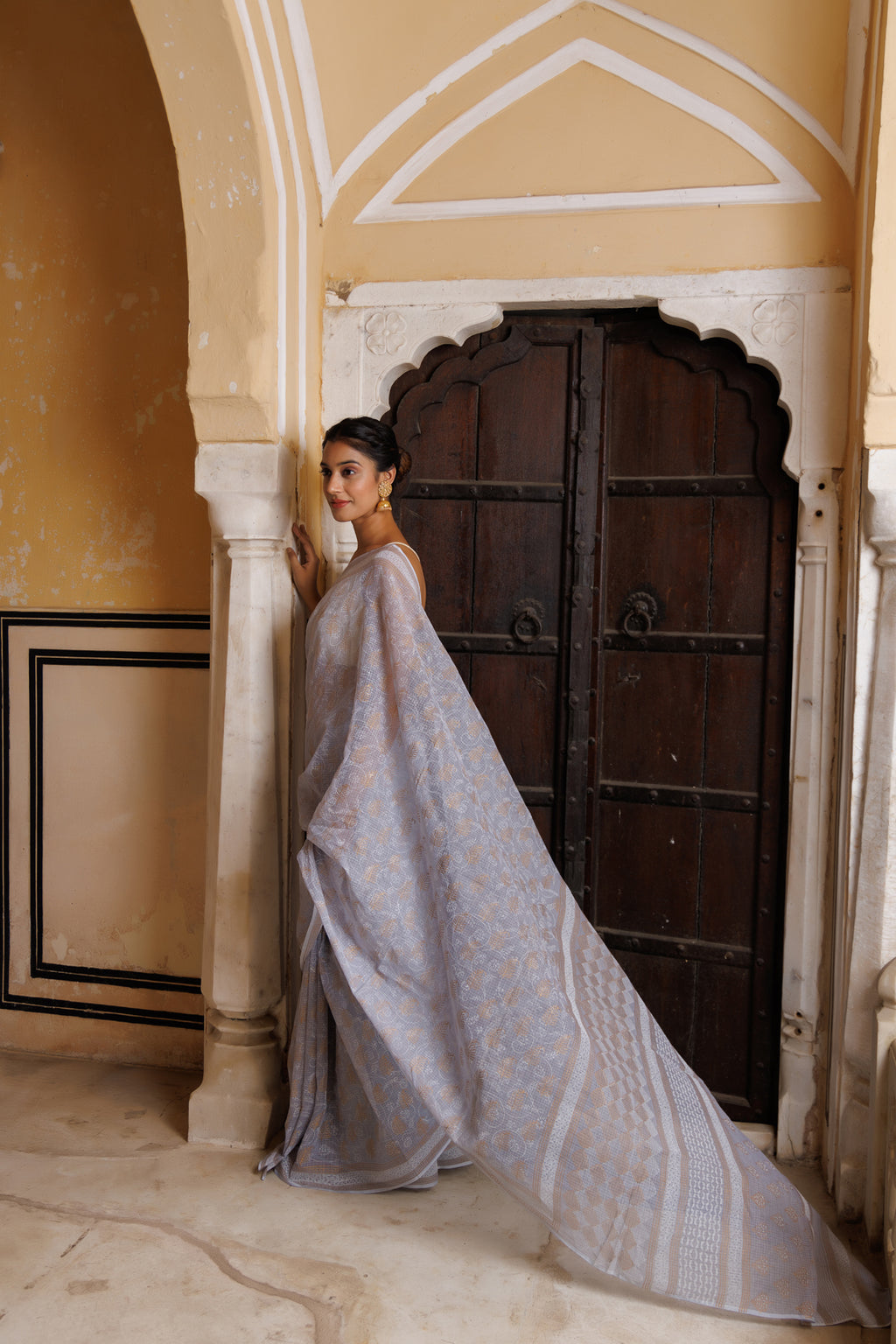 Grey Hand Block Printed Bagru Cotton Sustainable Saree