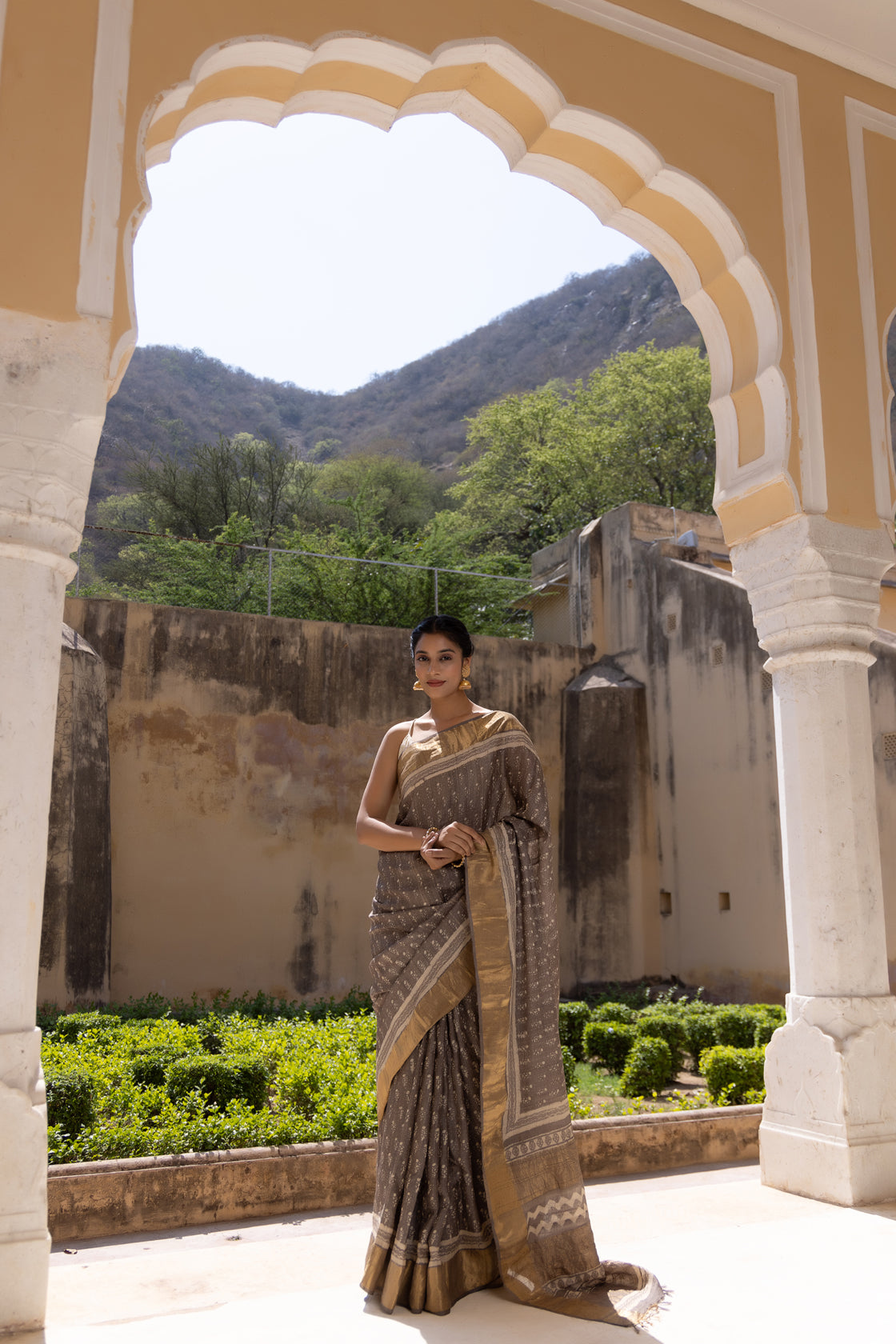 Grey Hand Block Printed Pure Tussar Silk Zari Woven Saree