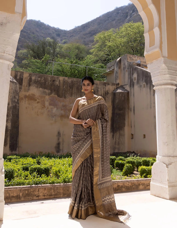 Grey Hand Block Printed Pure Tussar Silk Zari Woven Saree