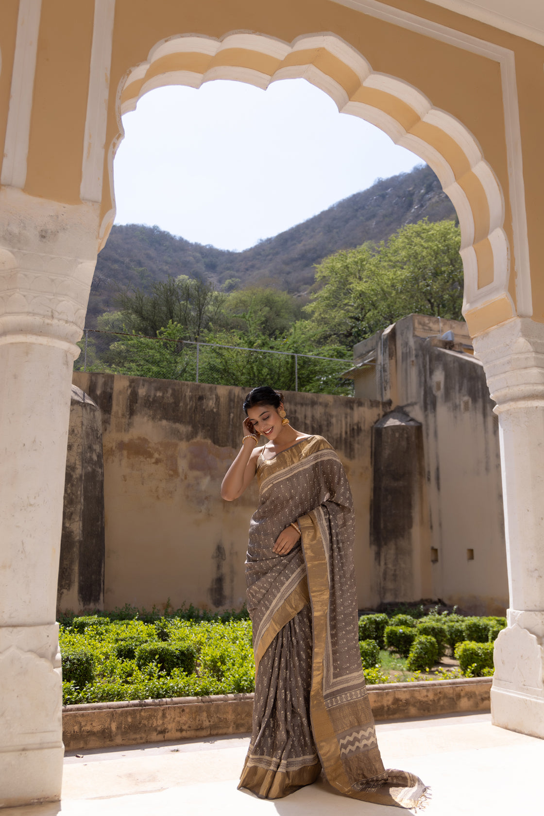 Grey Hand Block Printed Pure Tussar Silk Zari Woven Saree