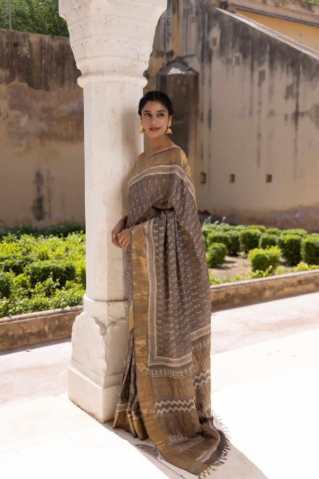 Grey Hand Block Printed Pure Tussar Silk Zari Woven Saree