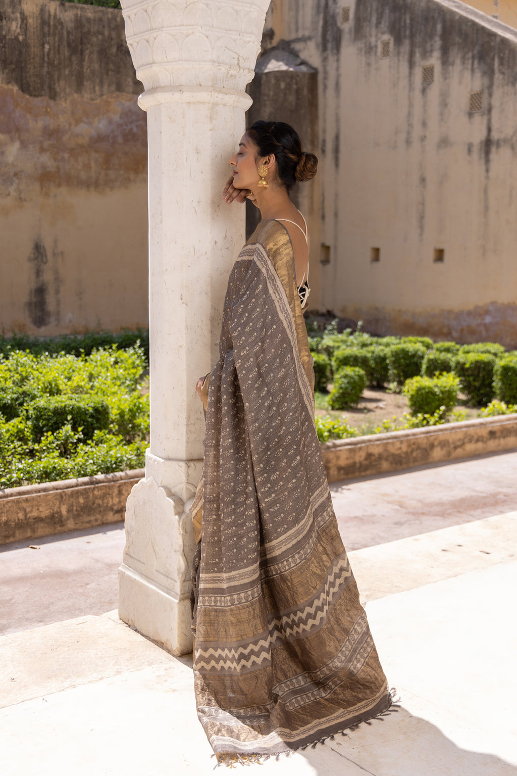 Grey Hand Block Printed Pure Tussar Silk Zari Woven Saree