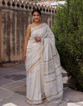 White Hand Block Printed Bagru Pure Chanderi Sustainable Saree