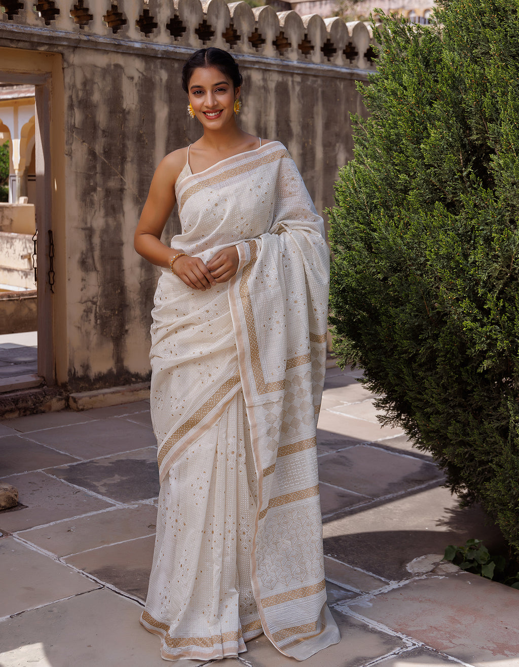 White Hand Block Printed Bagru Pure Chanderi Sustainable Saree