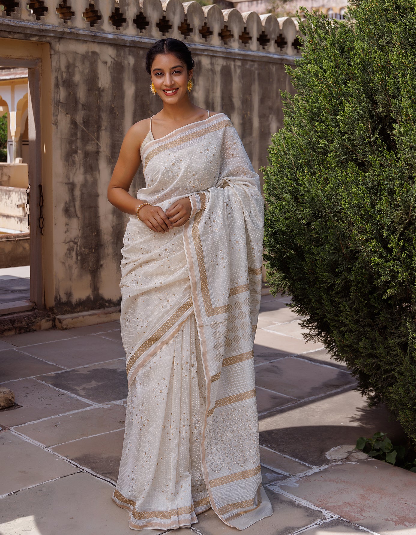 White Hand Block Printed Bagru Pure Chanderi Sustainable Saree