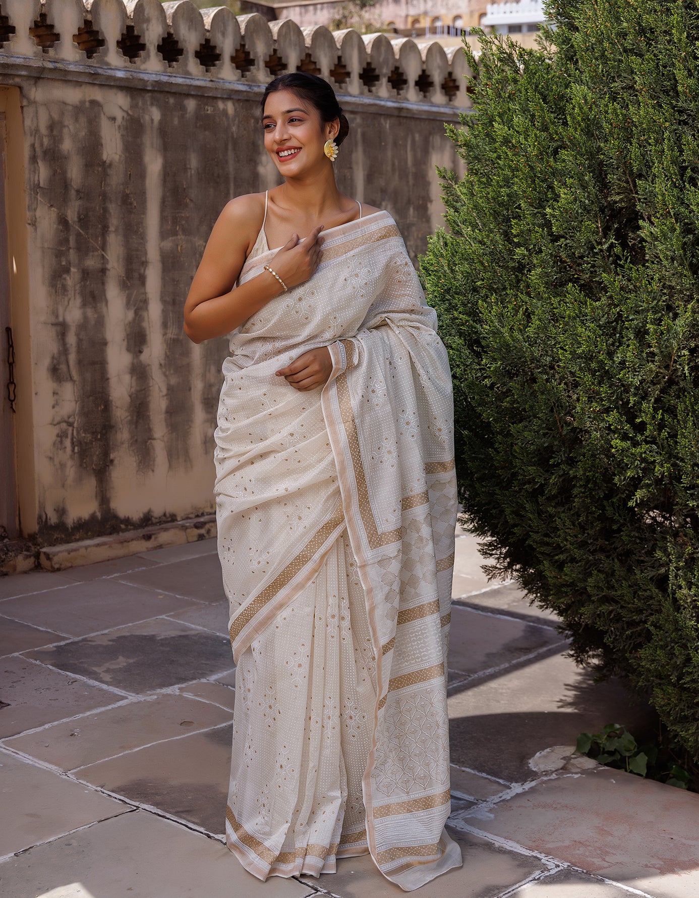 White Hand Block Printed Bagru Pure Chanderi Sustainable Saree
