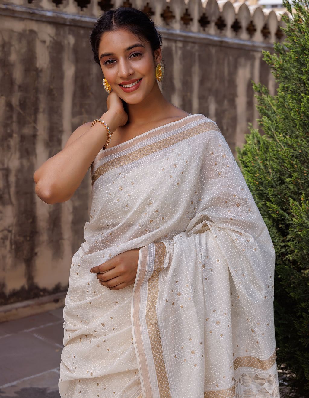 White Hand Block Printed Bagru Pure Chanderi Sustainable Saree