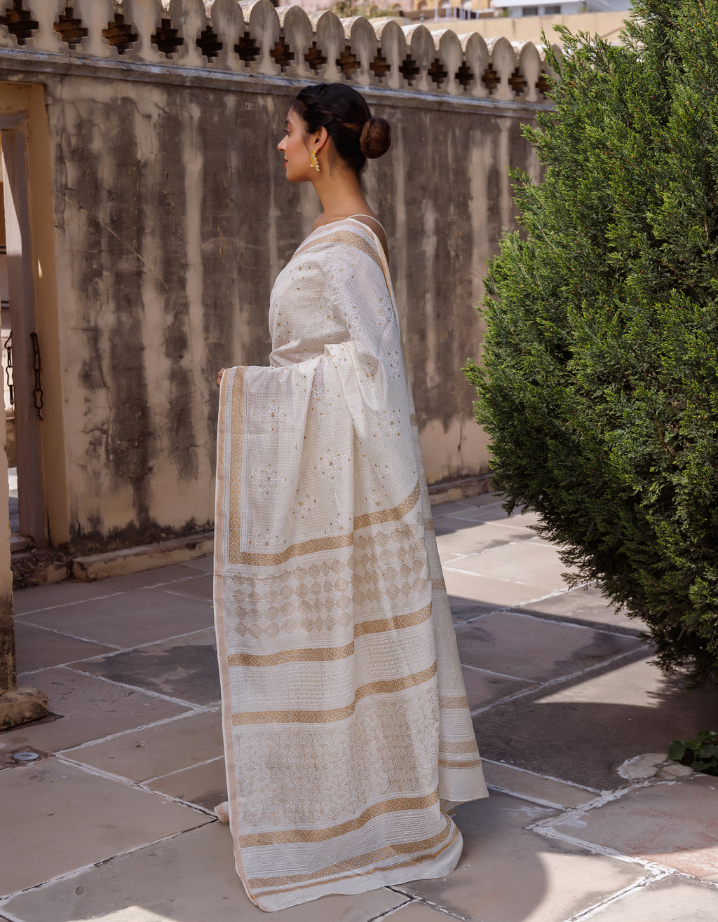 White Hand Block Printed Bagru Pure Chanderi Sustainable Saree