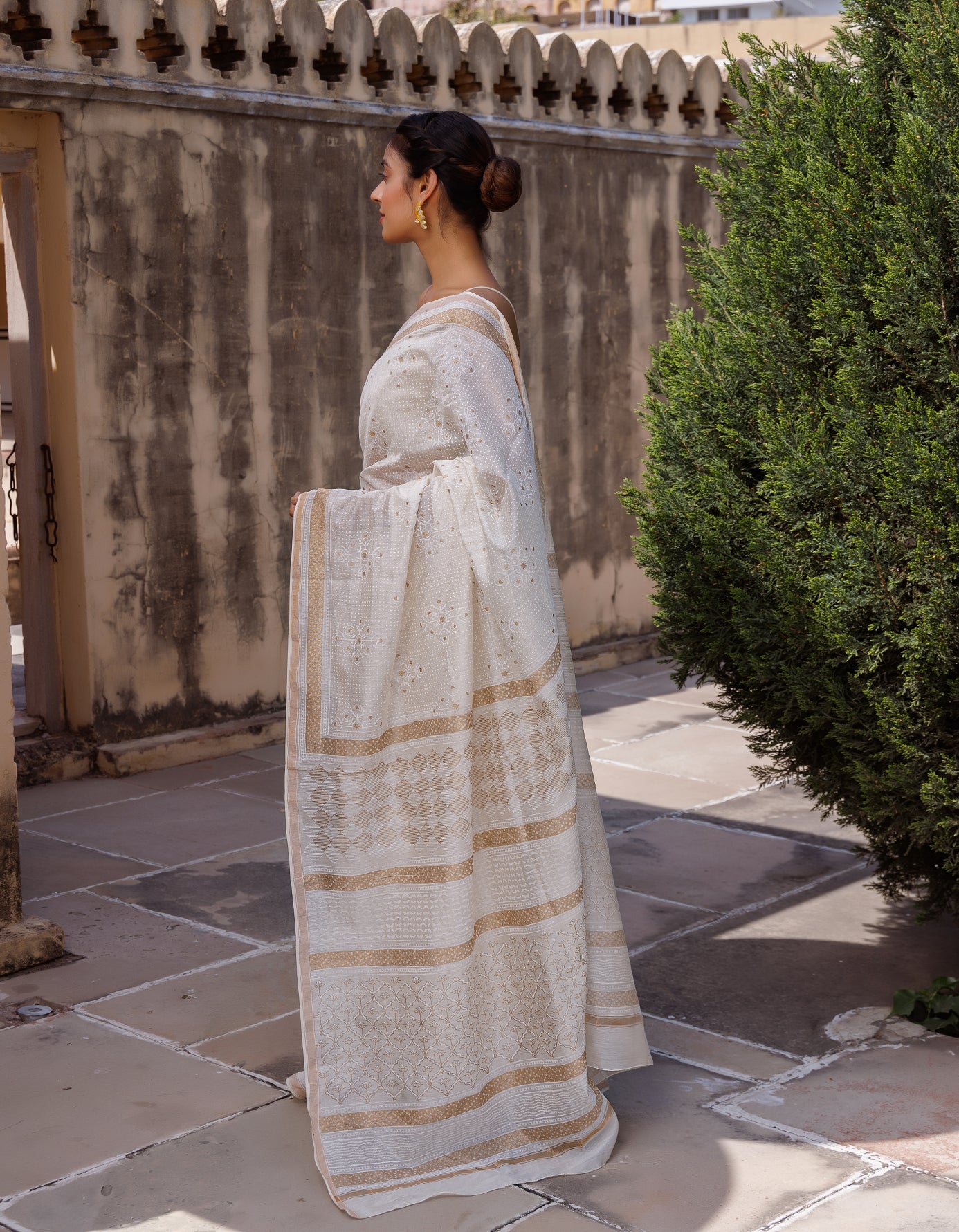 White Hand Block Printed Bagru Pure Chanderi Sustainable Saree