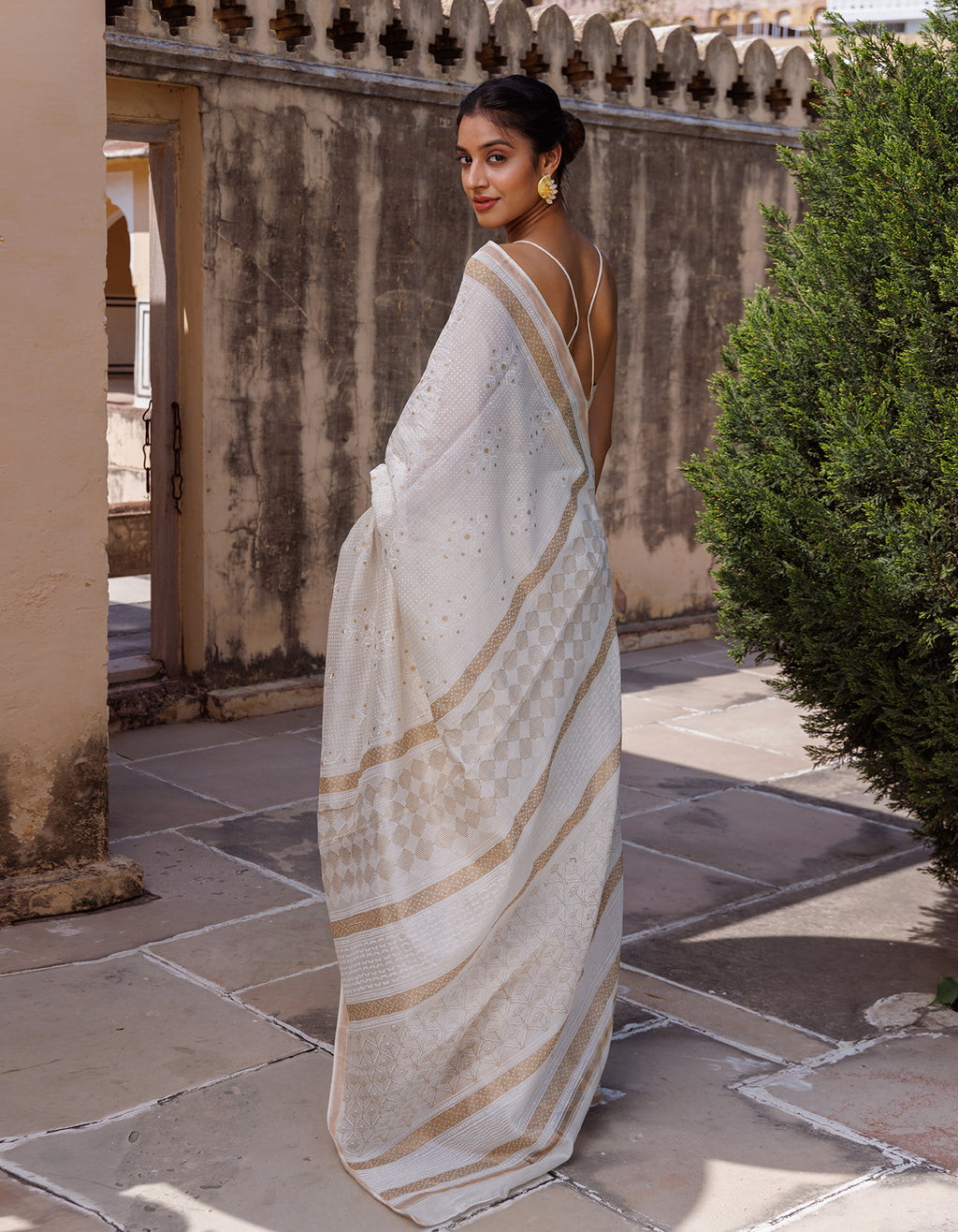 White Hand Block Printed Bagru Pure Chanderi Sustainable Saree