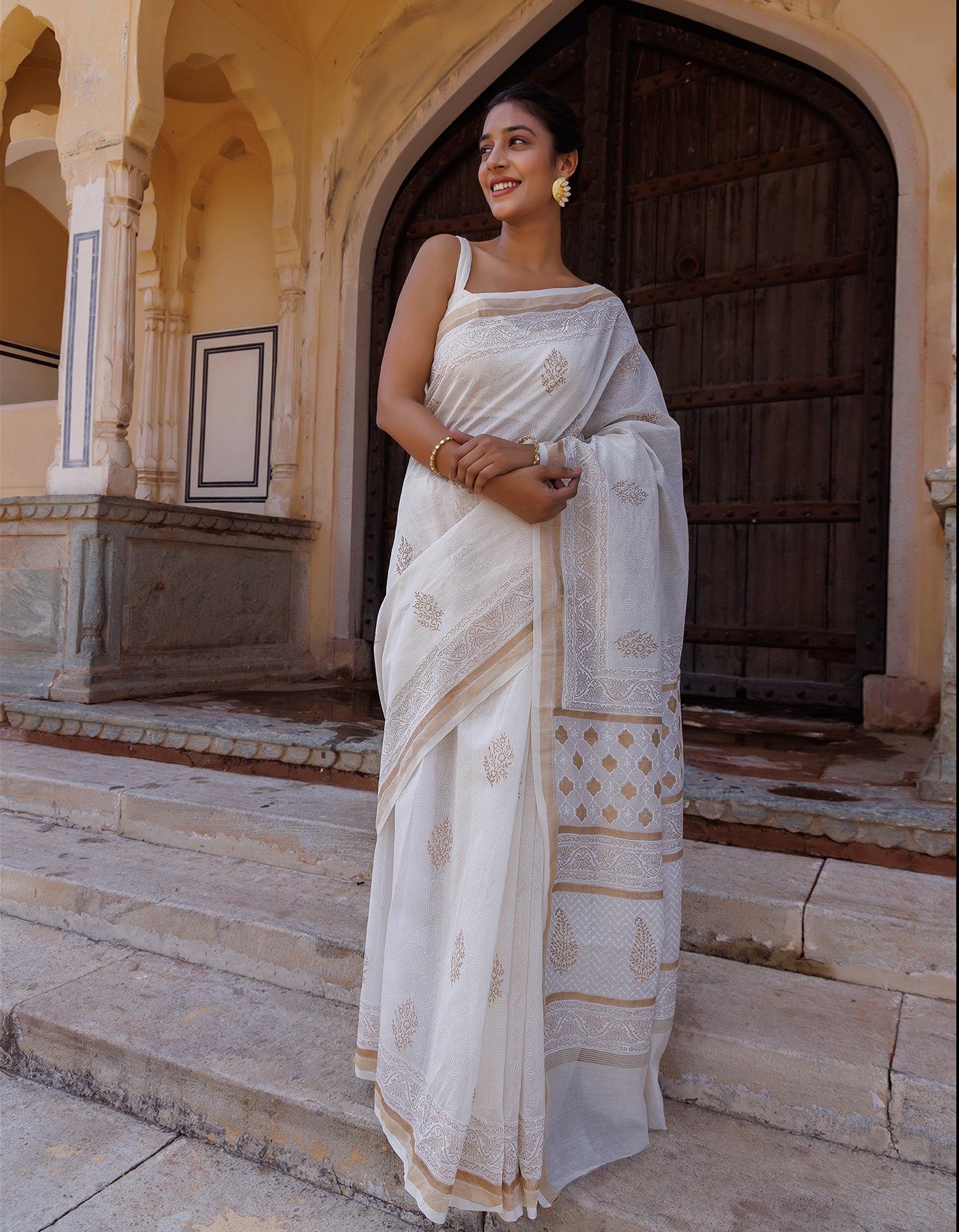 White Pure Chanderi Hand Block Printed Saree