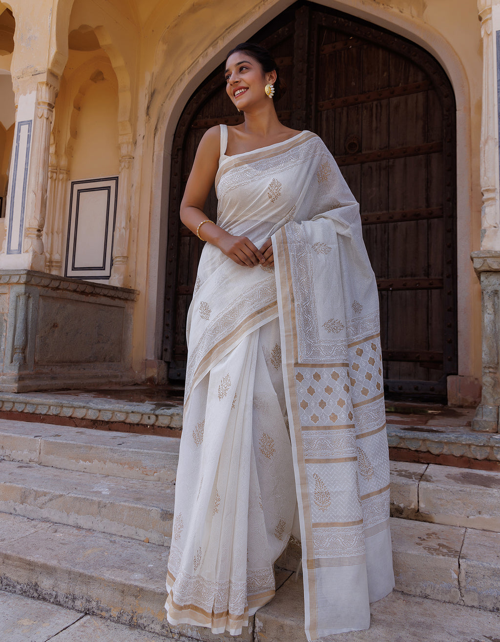 White Pure Chanderi Hand Block Printed Saree