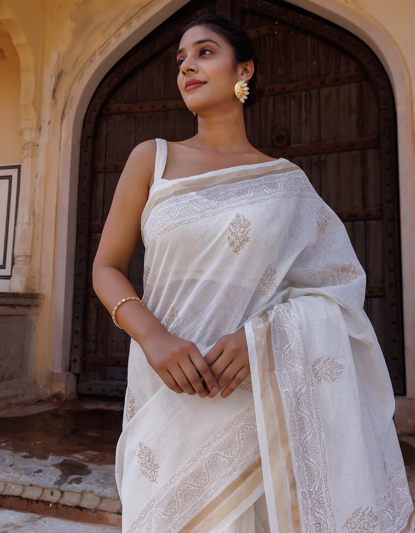 White Pure Chanderi Hand Block Printed Saree