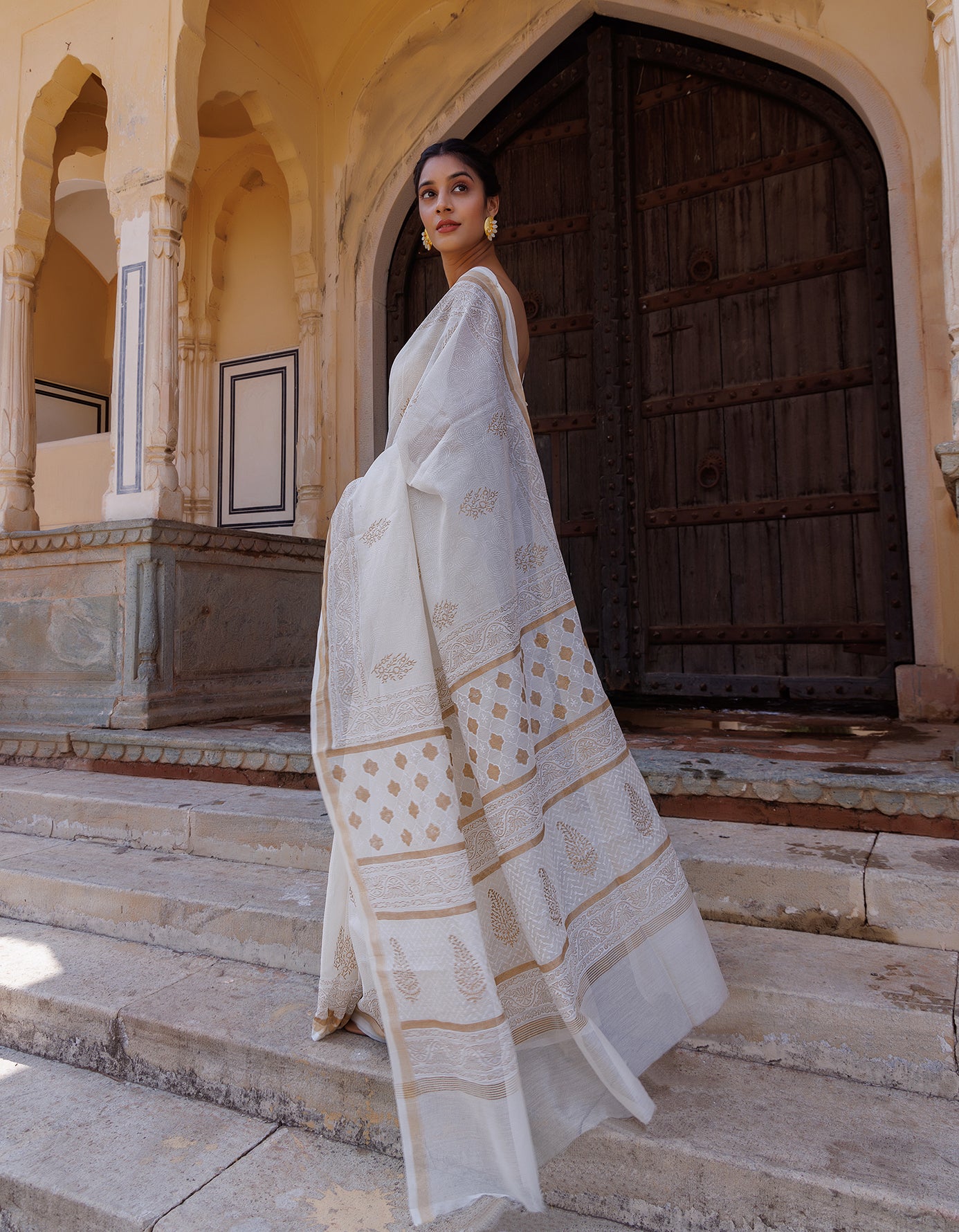 White Pure Chanderi Hand Block Printed Saree