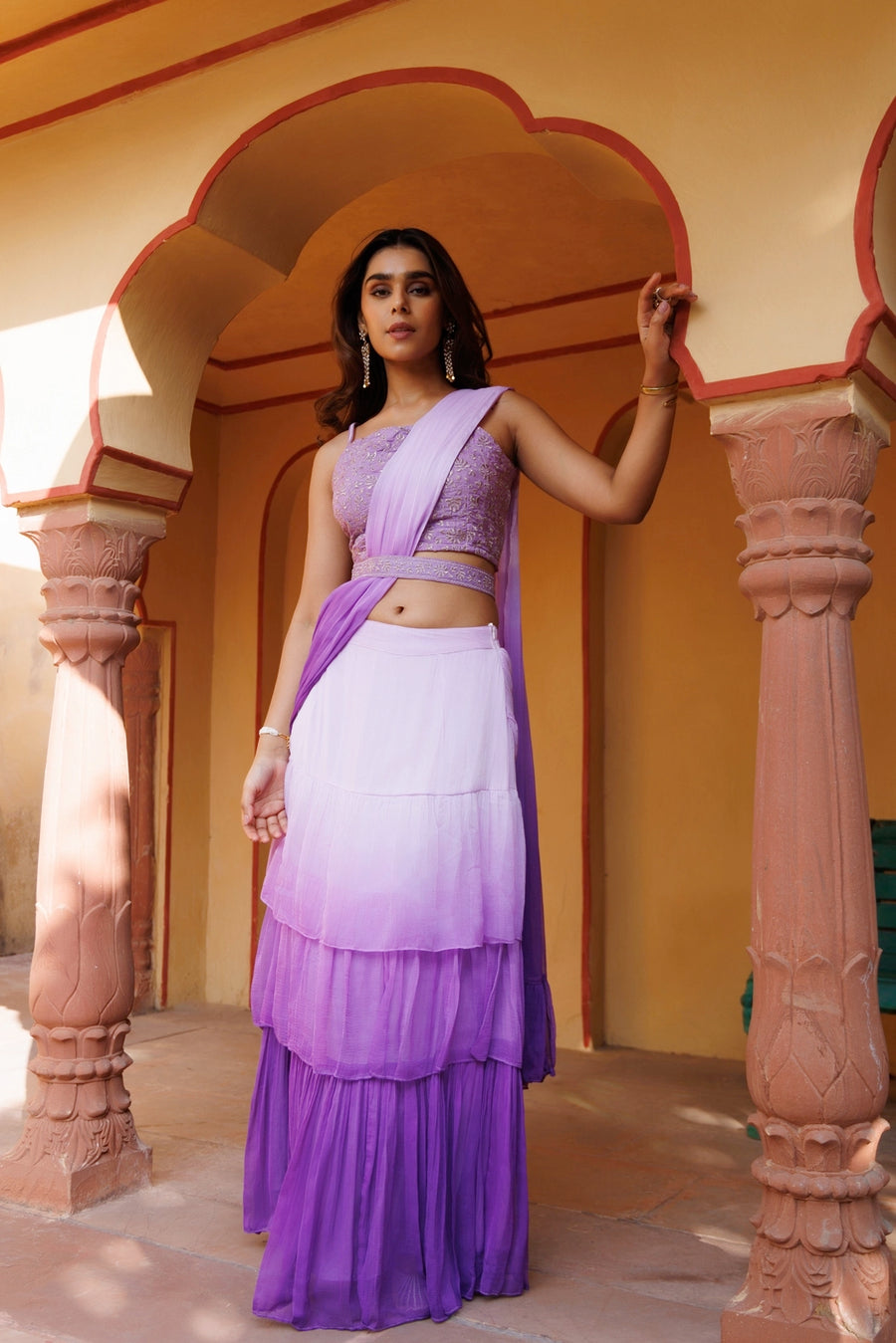 Purple Ombre Ruffled Chiffon Saree Ready-To-Wear With Stitched Blouse