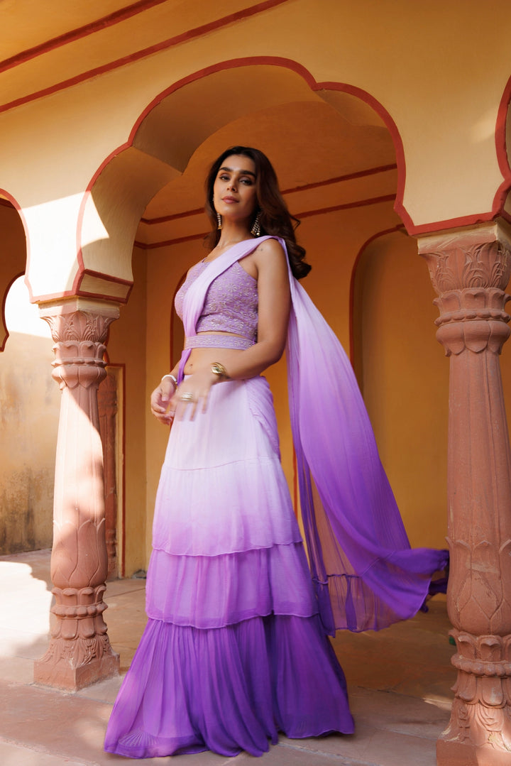 Purple Ombre Ruffled Chiffon Saree – Ready-to-Wear with Stitched Blouse