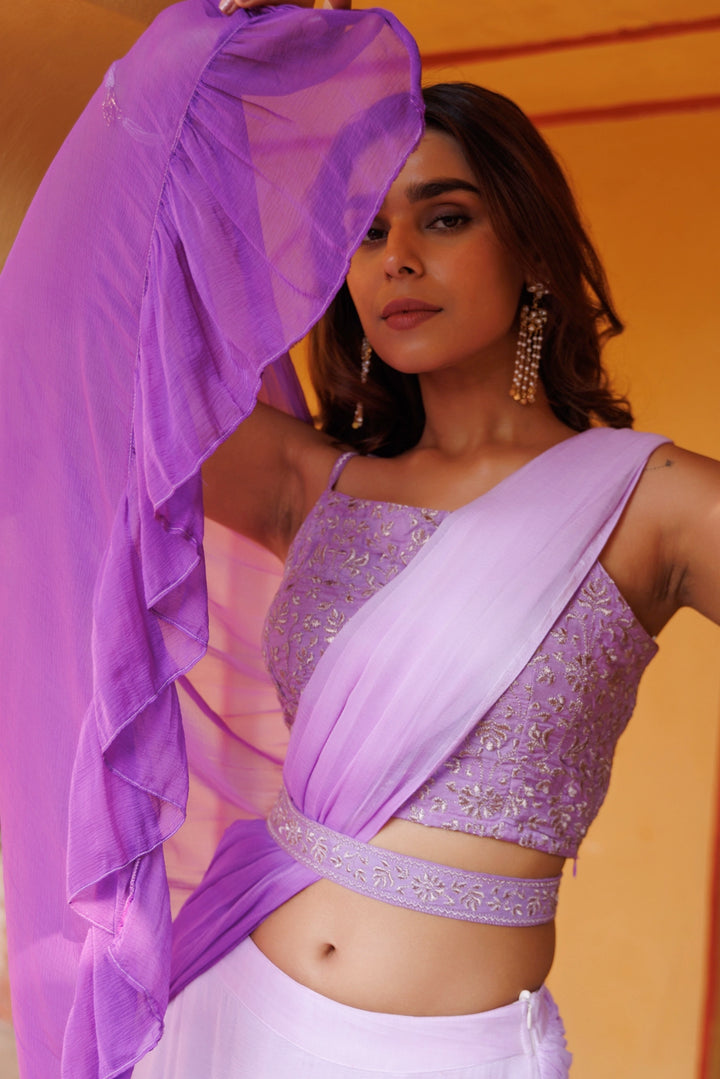 Purple Ombre Ruffled Chiffon Saree – Ready-to-Wear with Stitched Blouse