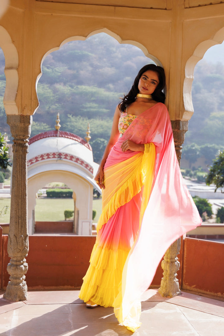 Yellow-Pink Pre-Draped Ruffled Ombre Chiffon Saree