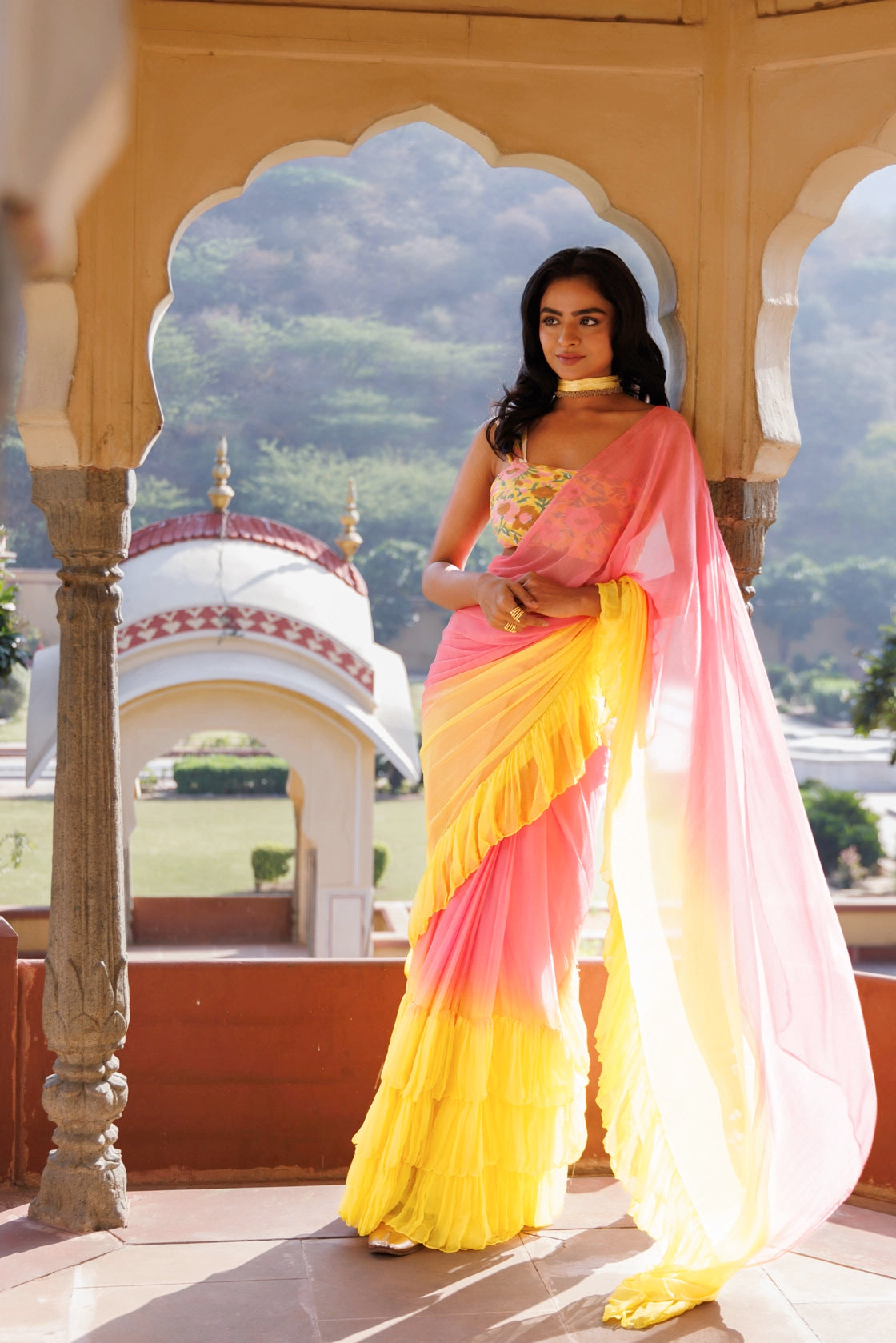 Yellow-Pink Pre-Draped Ruffled Ombre Chiffon Saree