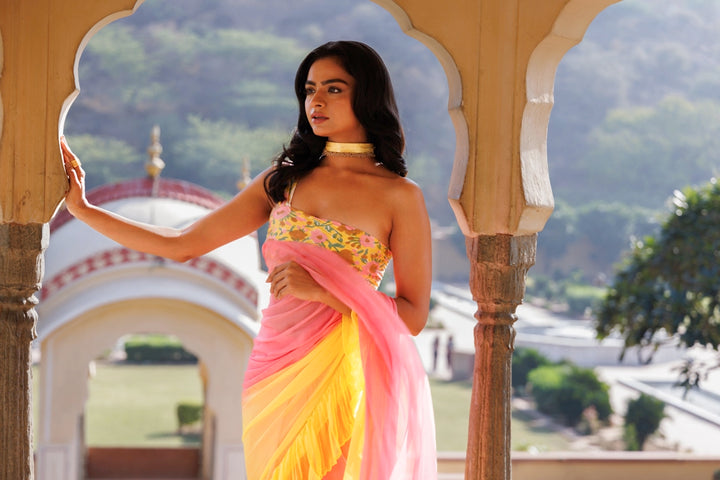 Yellow-Pink Pre-Draped Ruffled Ombre Chiffon Saree