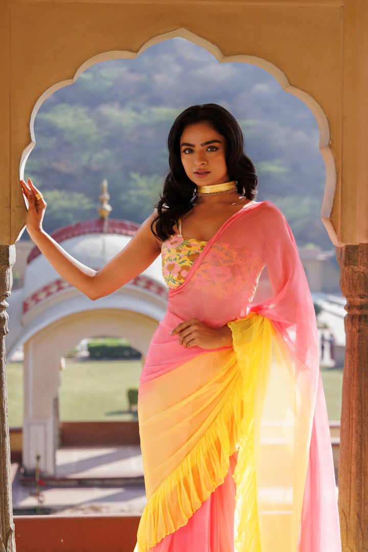 Yellow-Pink Pre-Draped Ruffled Ombre Chiffon Saree